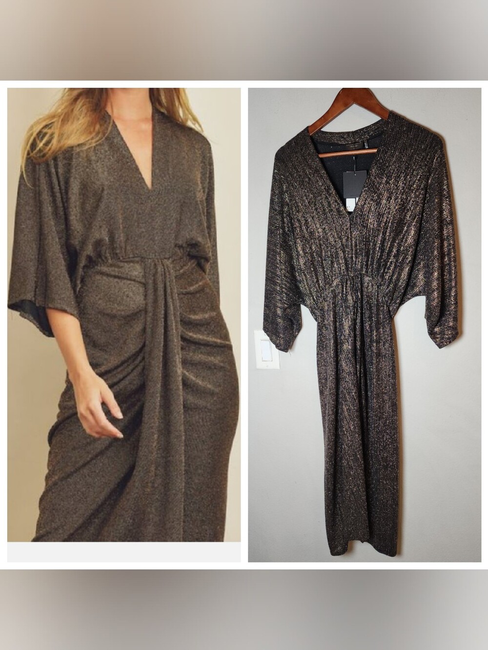 NWT Dress Forum Kimono Sleeve Midi Dress Black Bronze Silver Metallic Stretchy S